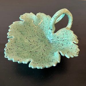 Vintage MCM Speckle Glaze Trinket Dish with Stem Handle // Green Turquoise